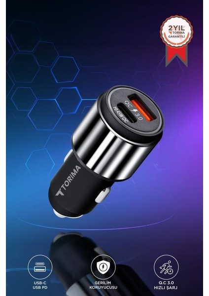 C16 45W Silver Araç Şarj Cihazı Type-C Kablolu Hızlı Şarj Adaptörü