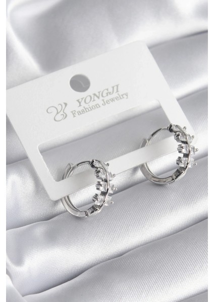 Pirinç Gümüş Renk Zirkon Taşlı Kadın Küpe