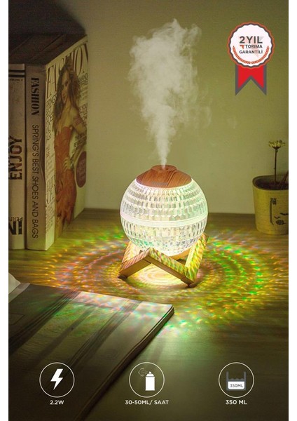 H10 Beyaz Kristal Top Rgb Işıklı, Ahşap Standlı, Hava Nemlendirici Dekoratif Nemlendirici