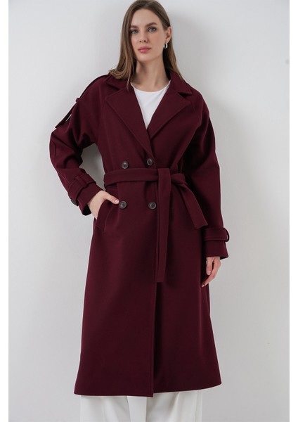 Kadın Kuşaklı Kaşe Kaban 9161 - Bordo modelleri