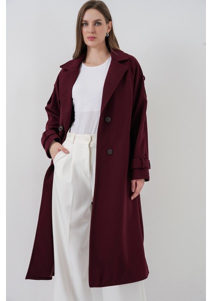 Kadın Kuşaklı Kaşe Kaban 9161 - Bordo fırsatları