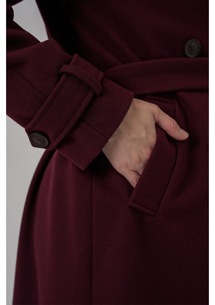 Kadın Kuşaklı Kaşe Kaban 9161 - Bordo indirimleri