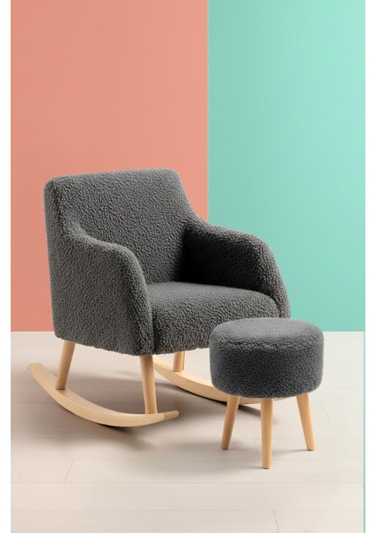 Loop Sallanan Sandalye ve Puf Seti – Antrasit Teddy Kumaş Ahşap Ayaklı Berjer - Sallanan Koltuk Puf