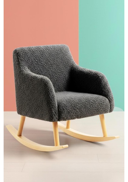 Loop Sallanan Sandalye ve Puf Seti – Antrasit Teddy Kumaş Ahşap Ayaklı Berjer - Sallanan Koltuk Puf fiyatları