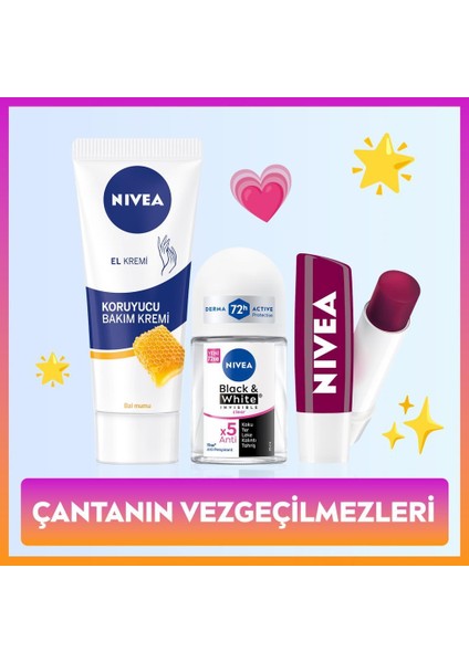 Kadın Roll-On Deodorant Black&white Invisible Clear 25ML, El Kremi ve Böğürtlen Renkli Dudak Kremi