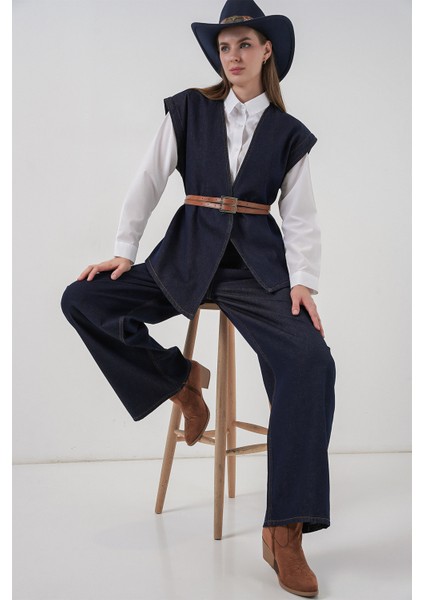 Kadın Yelek Pantolon Kot Ikili Takım 30062 - Koyu Mavi