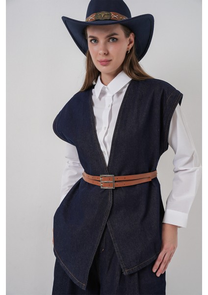 Kadın Yelek Pantolon Kot Ikili Takım 30062 - Koyu Mavi modelleri