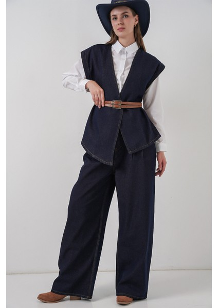 Kadın Yelek Pantolon Kot Ikili Takım 30062 - Koyu Mavi fırsatları