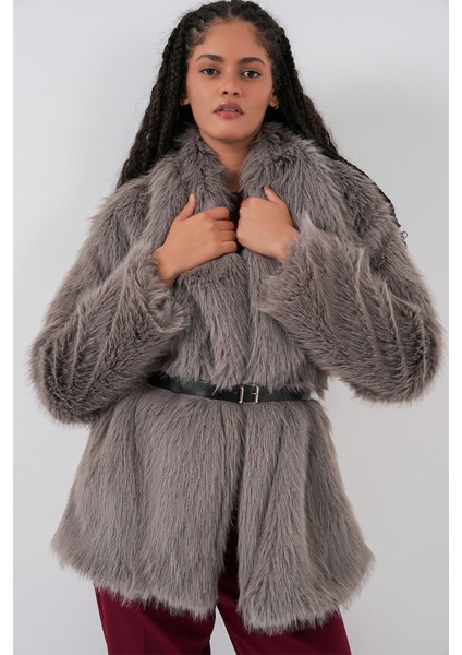 Kadın Kemerli Oversize Kürklü Kaban 9156 - Füme