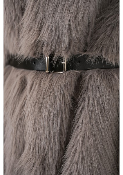 Kadın Kemerli Oversize Kürklü Kaban 9156 - Füme indirimleri