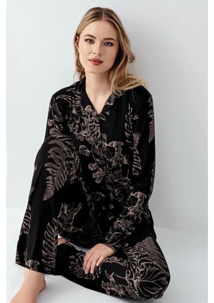 Kadın Siyah Pamuklu Önden Düğmeli Gömlek Pantolon Pijama Takımı 3440