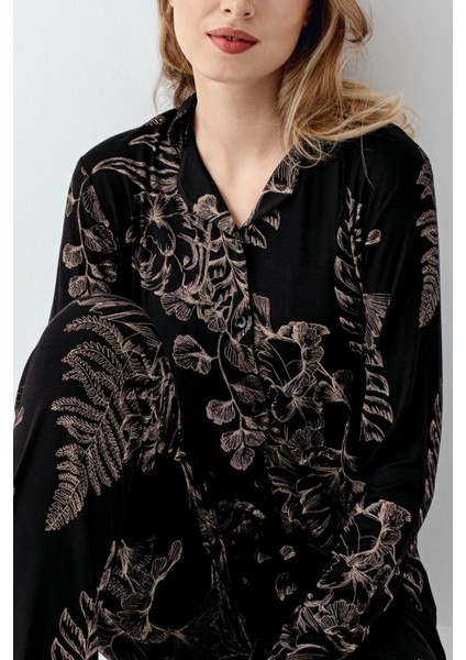 Kadın Siyah Pamuklu Önden Düğmeli Gömlek Pantolon Pijama Takımı 3440 fiyatları