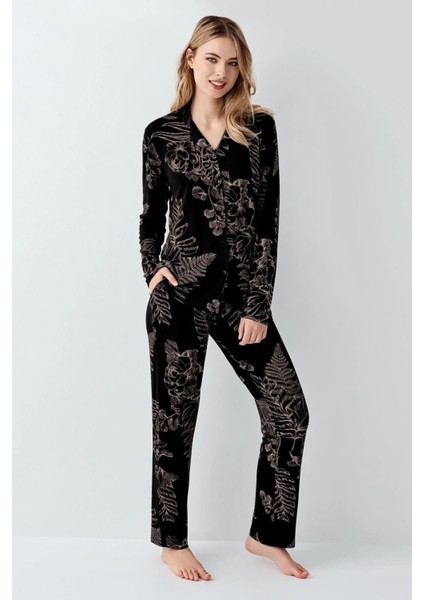 Kadın Siyah Pamuklu Önden Düğmeli Gömlek Pantolon Pijama Takımı 3440 modelleri