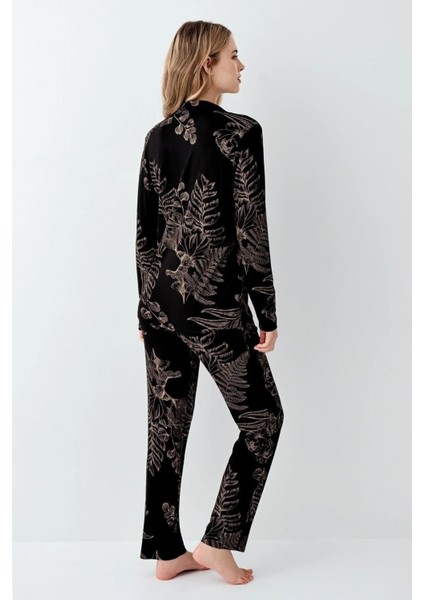 Kadın Siyah Pamuklu Önden Düğmeli Gömlek Pantolon Pijama Takımı 3440 fırsatları