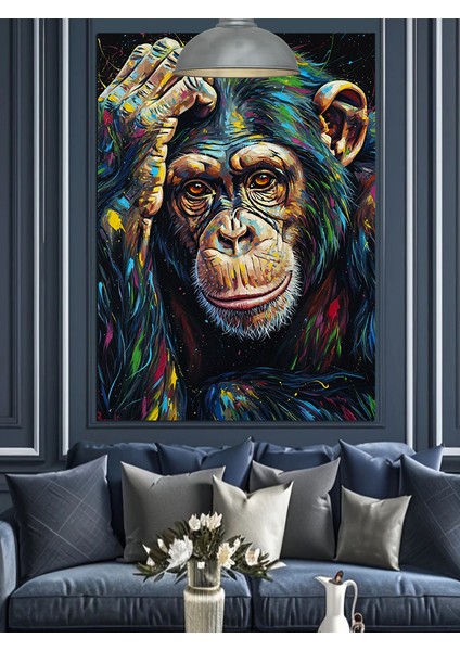 Düşünceli Şempanze Yüz Ifadesi Dekoratif Kanvas - Mdf Ahşap Tablo