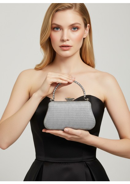 Gümüş Renk Simli Taşlı Abiye Çanta | Lüks Düğün ve Gece Çantası