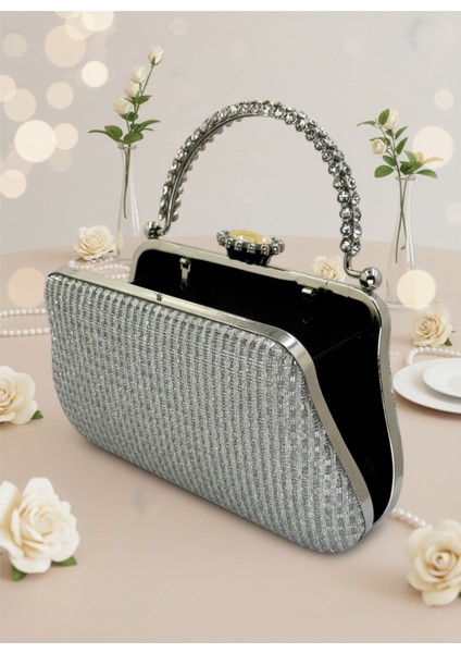 Gümüş Renk Simli Taşlı Abiye Çanta | Lüks Düğün ve Gece Çantası modelleri