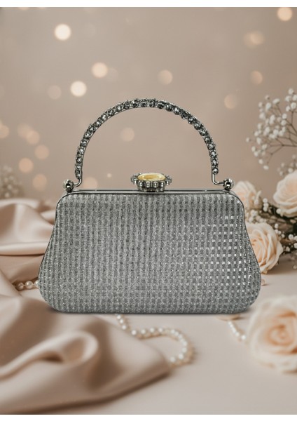 Gümüş Renk Simli Taşlı Abiye Çanta | Lüks Düğün ve Gece Çantası fırsatları