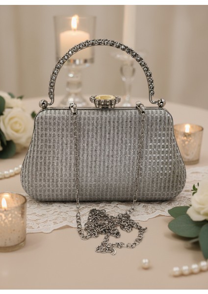 Gümüş Renk Simli Taşlı Abiye Çanta | Lüks Düğün ve Gece Çantası indirimleri