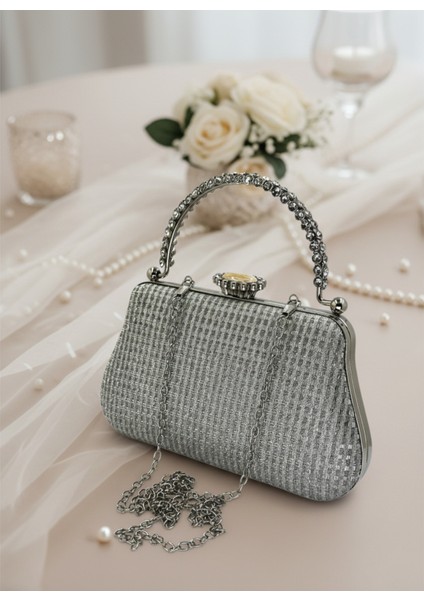 Gümüş Renk Simli Taşlı Abiye Çanta | Lüks Düğün ve Gece Çantası
