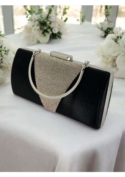 Siyah Kristal Gümüş Taşlı Saten Abiye Çanta, Metal Saplı Şıklık fiyatları