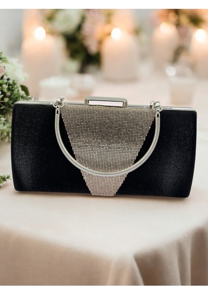 Siyah Kristal Gümüş Taşlı Saten Abiye Çanta, Metal Saplı Şıklık modelleri