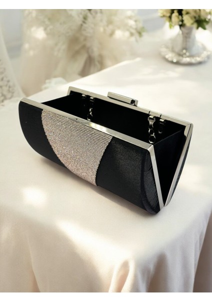 Siyah Kristal Gümüş Taşlı Saten Abiye Çanta, Metal Saplı Şıklık fırsatları