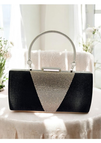 Siyah Kristal Gümüş Taşlı Saten Abiye Çanta, Metal Saplı Şıklık indirimleri
