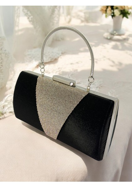 Siyah Kristal Gümüş Taşlı Saten Abiye Çanta, Metal Saplı Şıklık