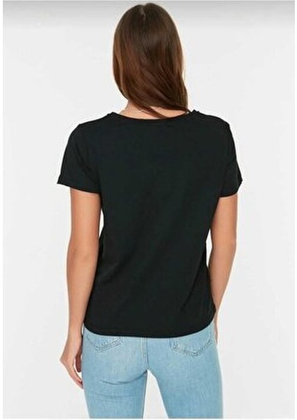 Süper Kalite Siyah V-Yaka Kadın Basic Tişört Kısa Kol %100 Organik Pamuk