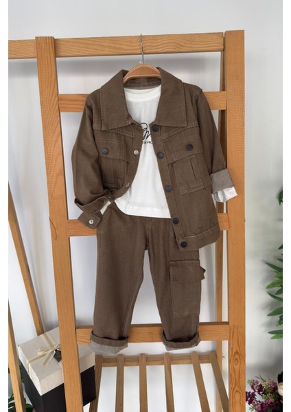 Kargo Cepli Ceketli Erkek Çocuk 3 Lü spor takım - Kahverengi