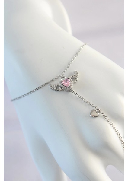 316L Çelik Gümüş Renk Pembe Zirkon Taşlı Kanatlı Kalp Model Şahmeran fiyatları