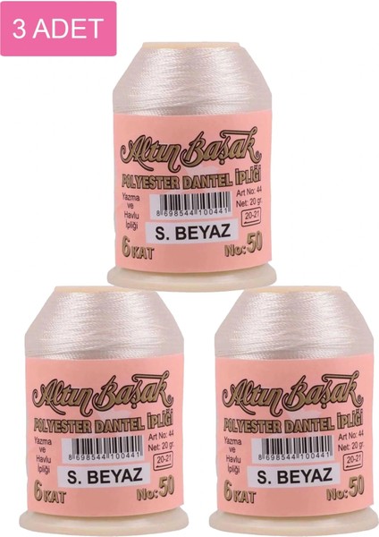 3 Adet Altınbaşak Oya ve Dantel İpi 20 gr - - No: Ş.BEYAZ