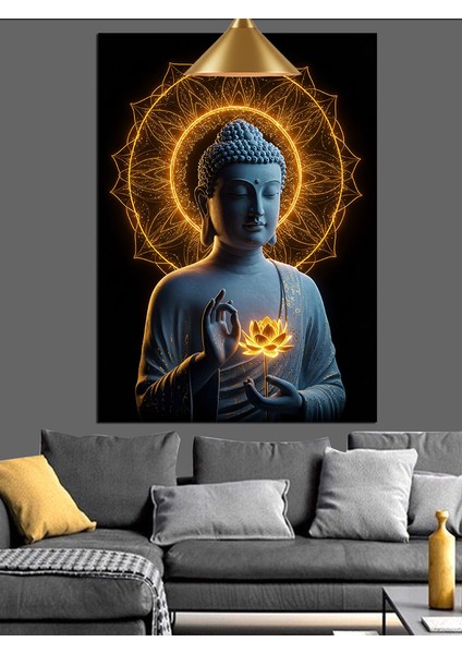 Buda Altın Işıklı Huzur Dekoratif Kanvas - Mdf Ahşap Tablo