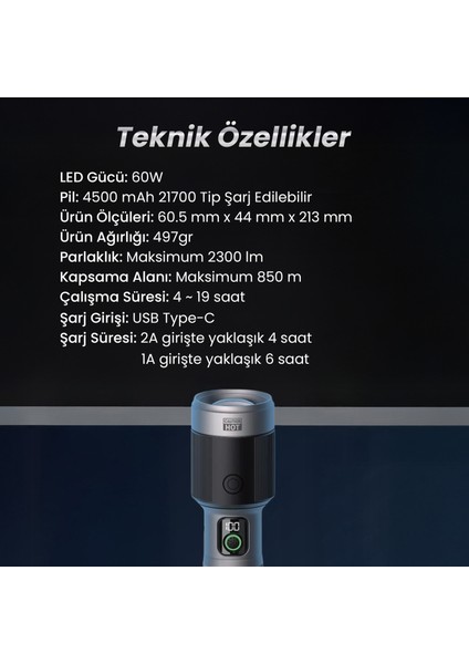 BX5101FL 2300 Lümen 60W Led El Feneri Teleskopik Zoom Metal Gövdeli Şarj Edilebilir 850 Metre Uzun Menzilli Flashlight