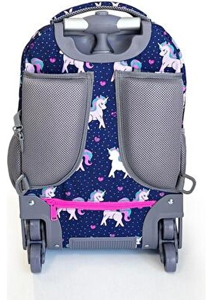 Kids Lacivert - Pembe Unicorn Desenli Çekçekli 3' lü Çanta Seti - SET0124023