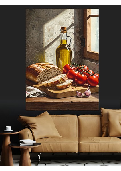 Yağ Natürmort Kırmızı Domates ve Ekmek Dekoratif Kanvas - Mdf Ahşap Tablo