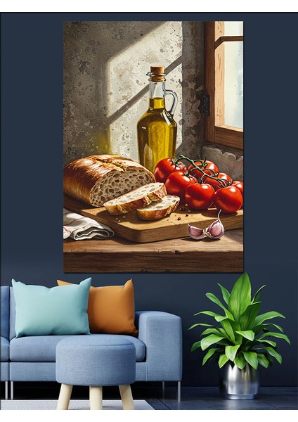 Yağ Natürmort Kırmızı Domates ve Ekmek Dekoratif Kanvas - Mdf Ahşap Tablo indirimleri