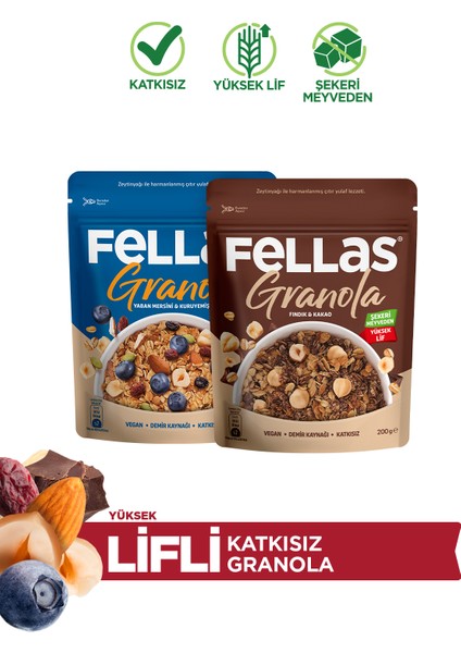 Granola 2'li Paket - Yaban Mersini & Kuruyemişli 200g + Fındık & Kakaolu 200g