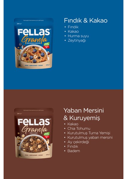 Granola 2'li Paket - Yaban Mersini & Kuruyemişli 200g + Fındık & Kakaolu 200g