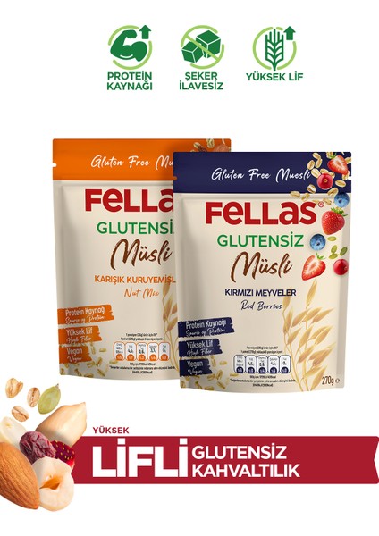 Glutensiz Müsli 2'li - Kırmızı Meyveli 270 gr + Karışık Kuruyemişli 270 gr