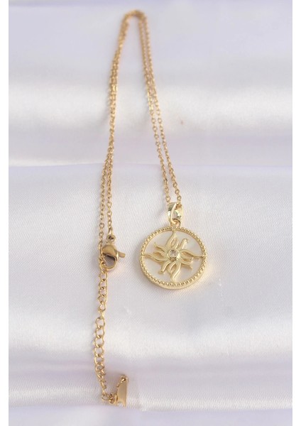 316L Çelik Zincir Altın Renk Zirkon Taşlı Oval Tasarım Güneş Kolye fiyatları