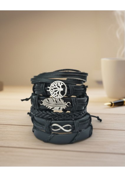 Hayat Ağacı Yaprak Sonsuzluk Figürlü Charm El Yapımı 6 Adet Hakiki Deri Bileklik modelleri