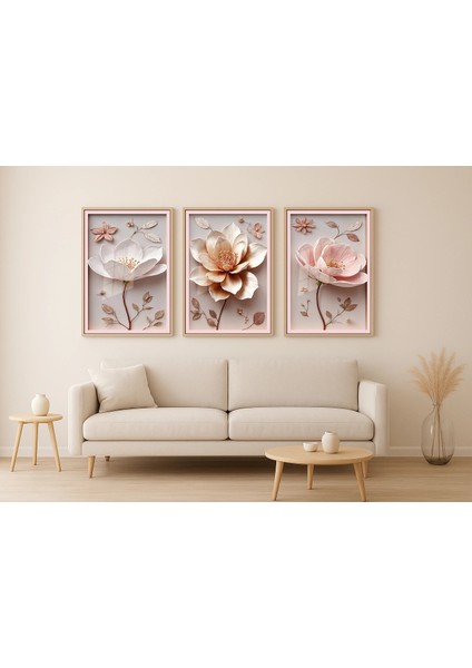 3 Parça Çerçeveli Kabartma Görünümlü Çiçekler Ahşap Tablo Seti, Ev Dekoru Bestablo