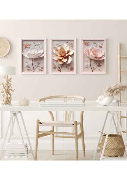 3 Parça Çerçeveli Kabartma Görünümlü Çiçekler Ahşap Tablo Seti, Ev Dekoru Bestablo fiyatları