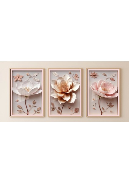 3 Parça Çerçeveli Kabartma Görünümlü Çiçekler Ahşap Tablo Seti, Ev Dekoru Bestablo modelleri
