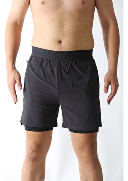 Siyah Unisex Gym ve Fitness Astarlı Taytlı Şort Düz Desenli Çift Cepli