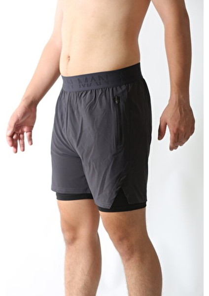 Siyah Unisex Gym ve Fitness Astarlı Taytlı Şort Düz Desenli Çift Cepli