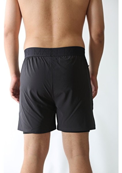 Siyah Unisex Gym ve Fitness Astarlı Taytlı Şort Düz Desenli Çift Cepli