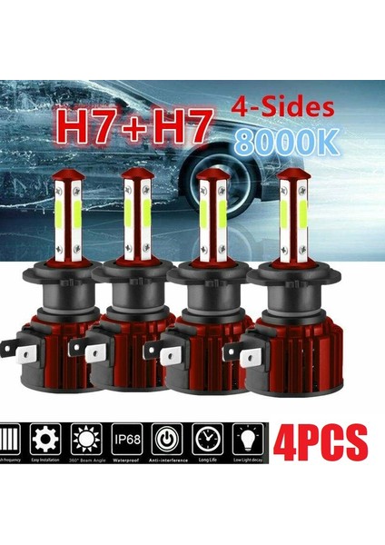 4x 4 Taraflı H7+H7 Combo LED Far Ampul Kiti 8000K Mavi Hı &amp Lo Işın 30000LM (Yurt Dışından) fiyatları